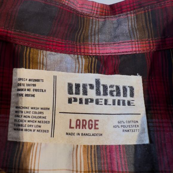 Urban Pipeline Button Shirt Men's Large Red Tan Brown Plaid Pocket Skater Surfer - Picture 2 of 10